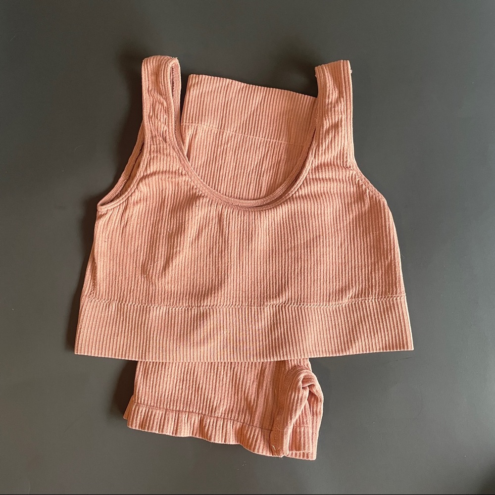 Skims Stretch Rib Bralette And Short In Rose Clay